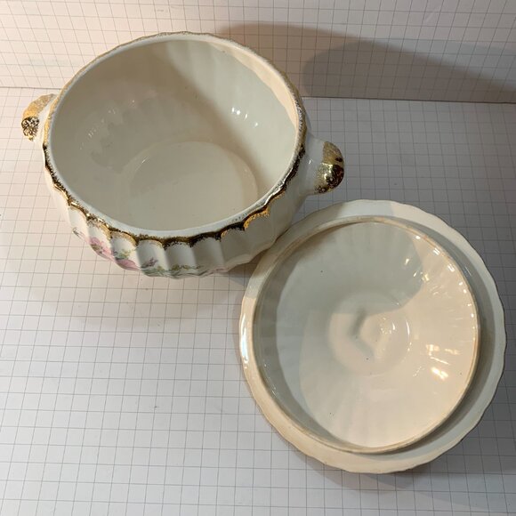 American Limoges Covered Dish Wild Rose 22K Gold Trim Vegetable Tureen 1930s VTG - Picture 10 of 11